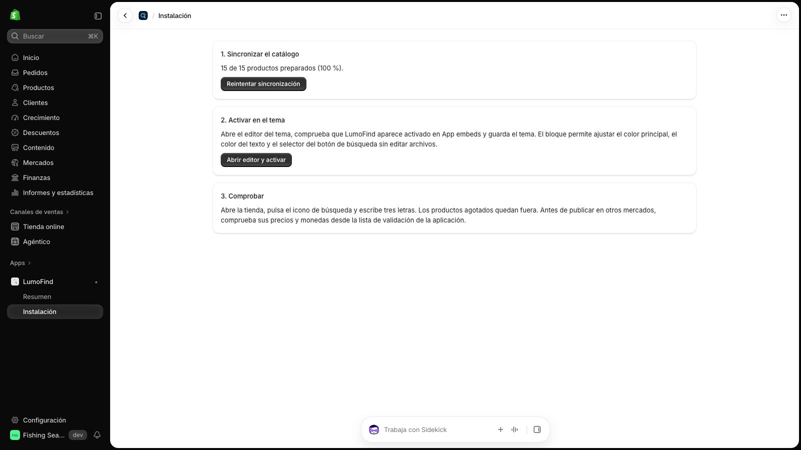 Configuración guiada de LumoFind en Shopify